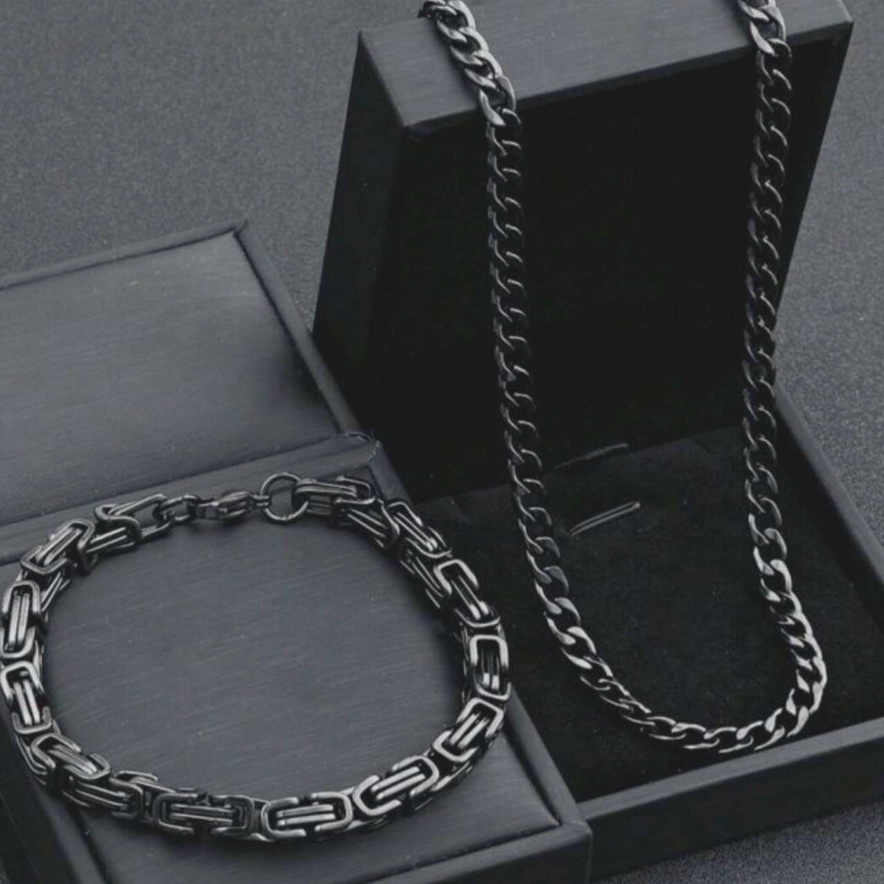 Men’s Edgy Elegance: Black Stainless Steel Chain & Bracelet Set