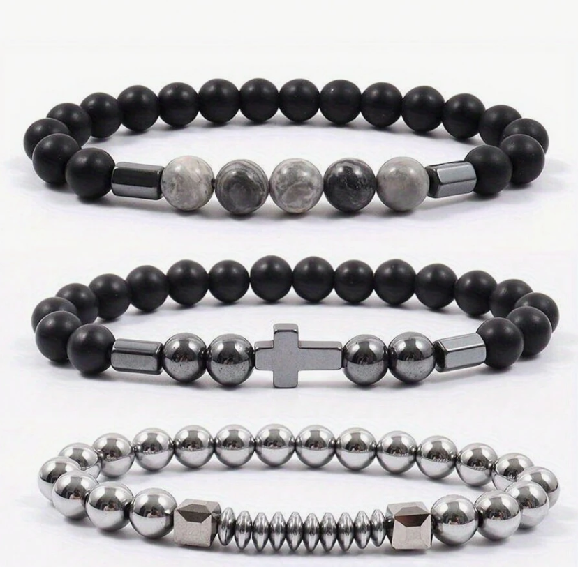 Men's 1 Set Of Cross Pendant Matte Beaded Chain Bracelets