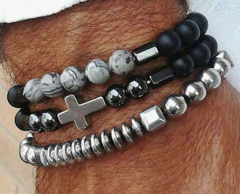 Men's 1 Set Of Cross Pendant Matte Beaded Chain Bracelets