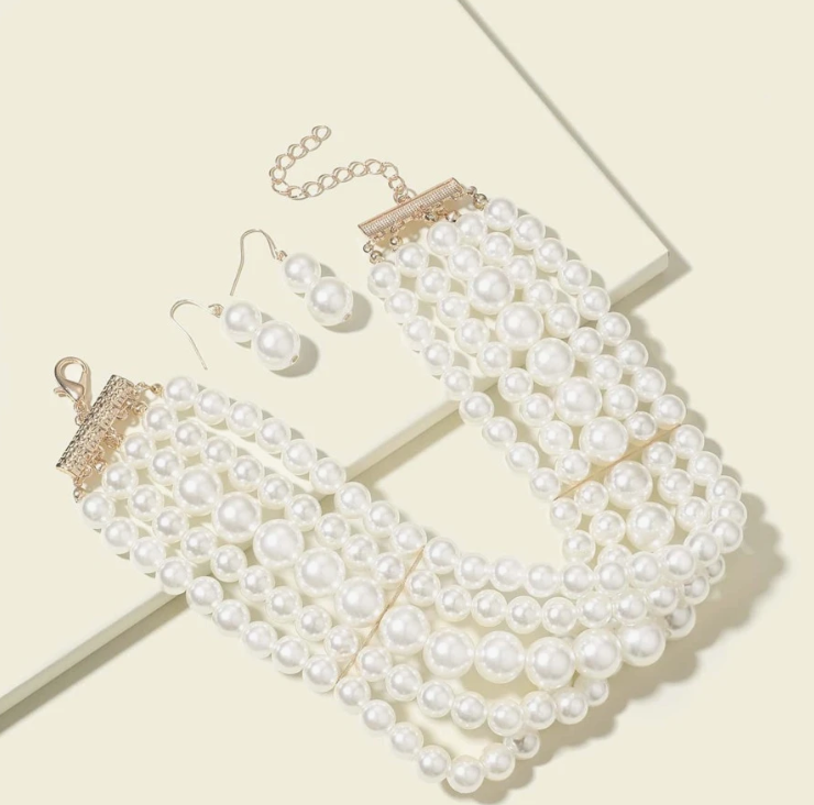 Elegant Faux Pearl Choker W/ Earrings