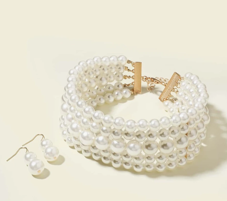 Elegant Faux Pearl Choker W/ Earrings