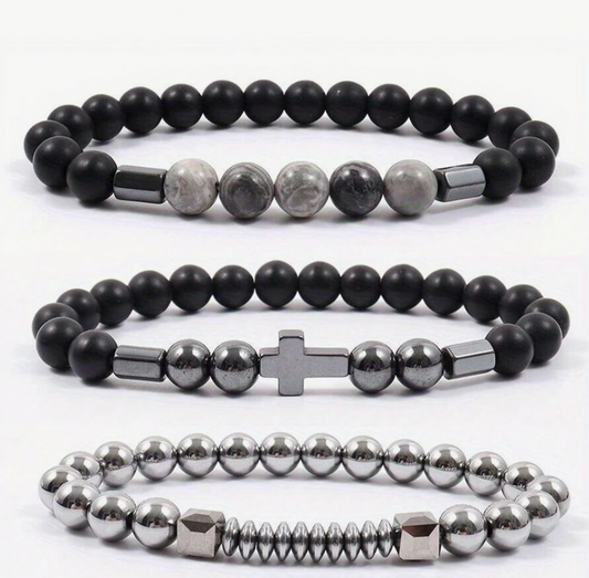 Men's 1 Set Of  Cross Pendant Matte Beaded Chain Bracelets