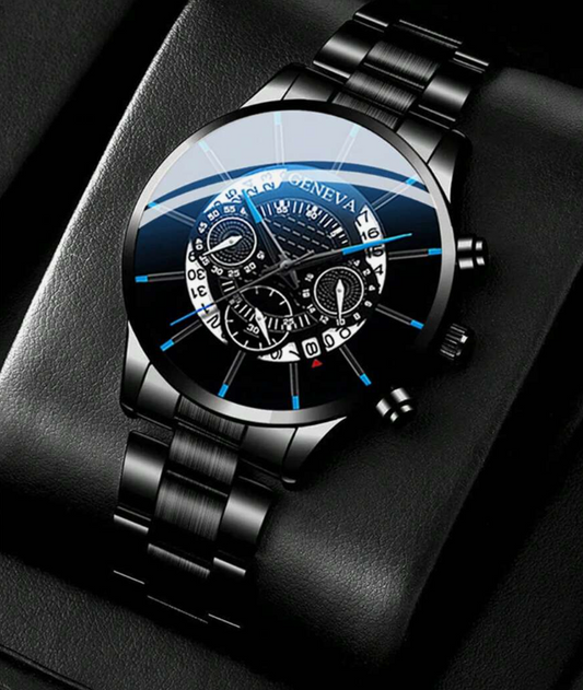 Masculine Men's Black Steel Business Quartz Wristwatch