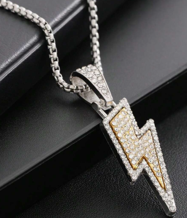 Eye-Catching Men's Stainless Steel Double-Layer Rhinestone Lightning Bolt Necklace